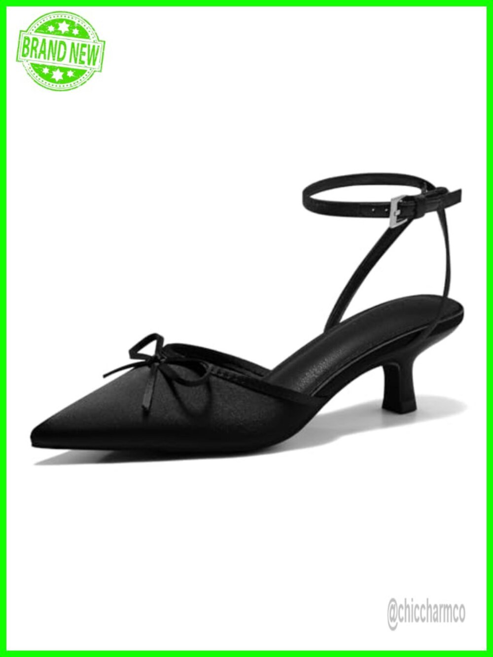 Satin Kitten Low Heels with Bow Ankle Strap Pointed Toe Wedding Party Pumps